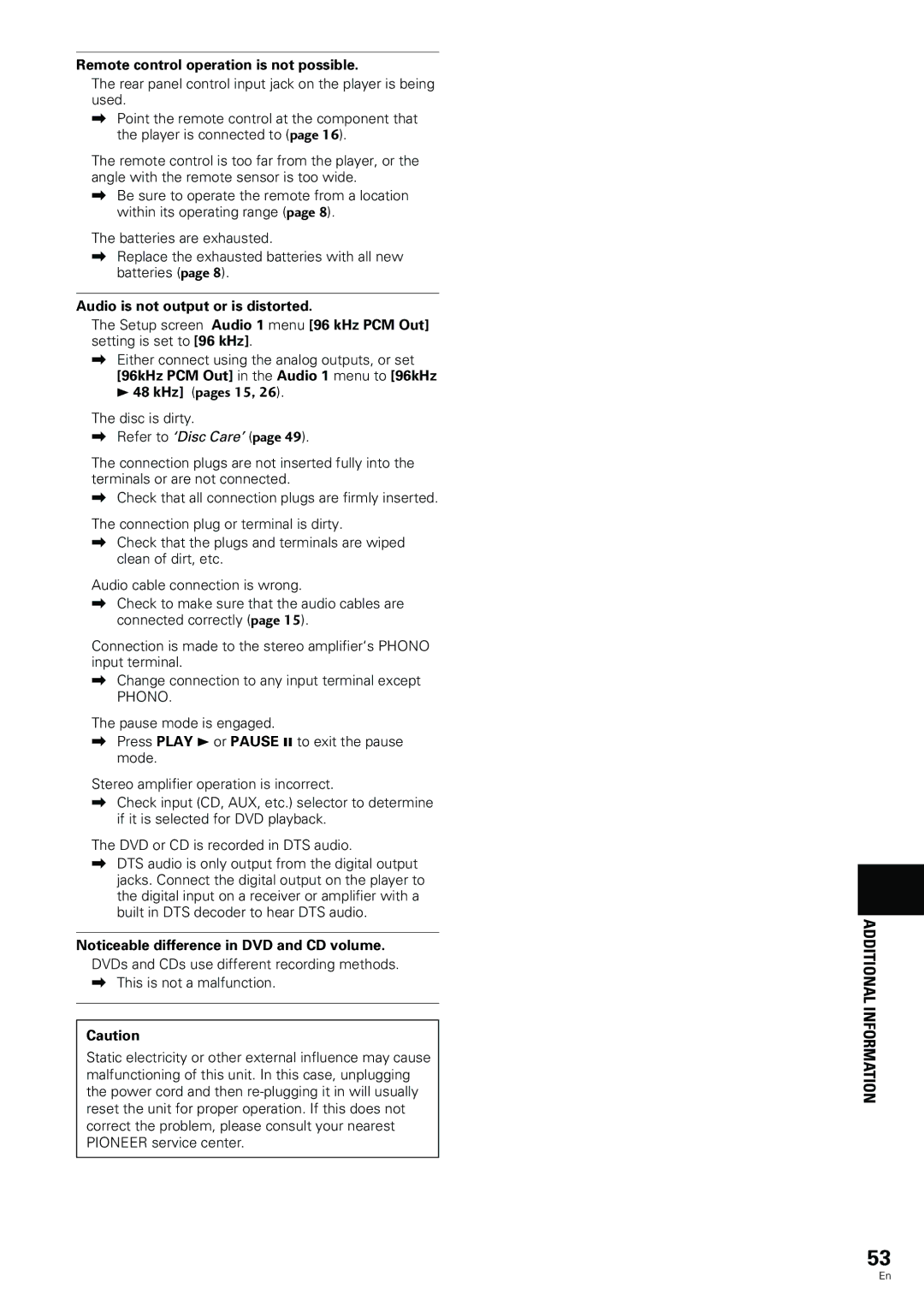 Pioneer DV-344, DV-233 Remote control operation is not possible, Audio is not output or is distorted, KHz pages 15 