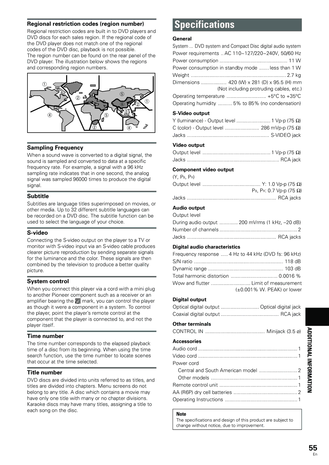 Pioneer DV-344, DV-233 operating instructions Specifications 