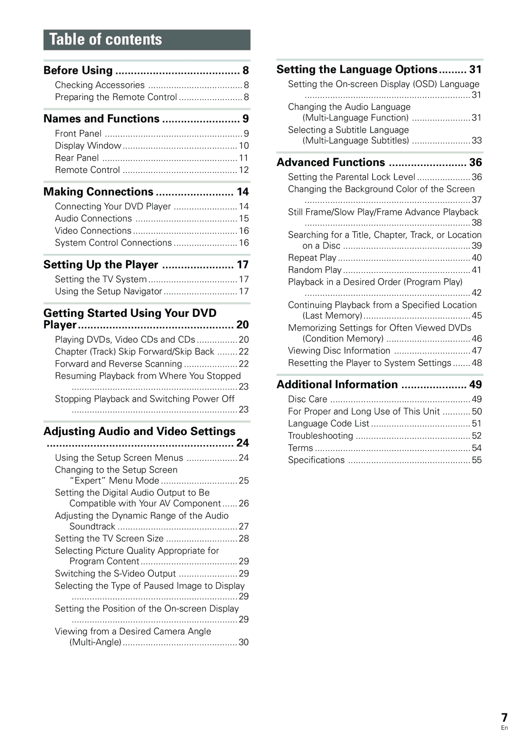 Pioneer DV-344, DV-233 operating instructions Table of contents 