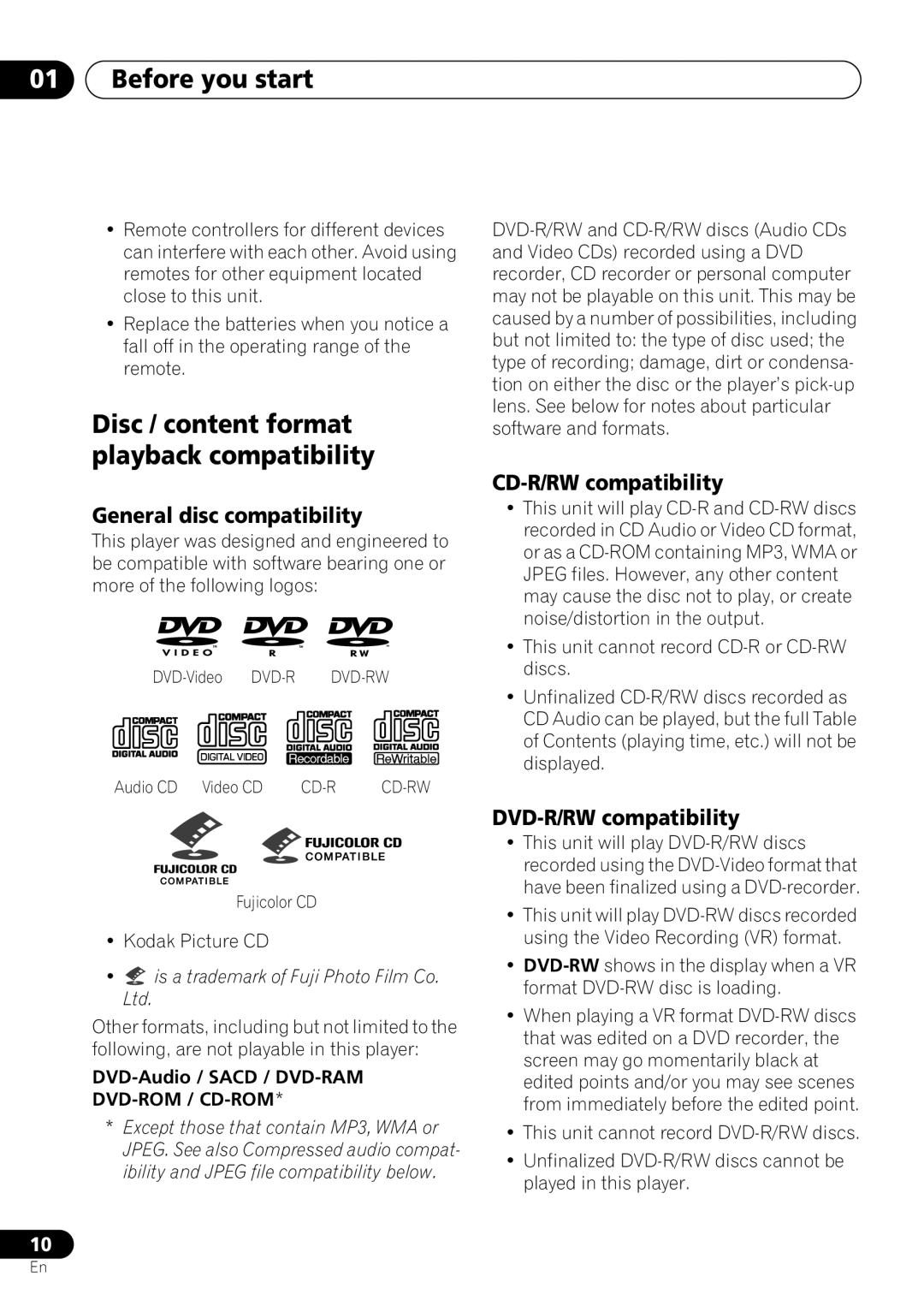 Pioneer DV-463, DV-260, DV-263 Before you start, Disc / content format playback compatibility, General disc compatibility 