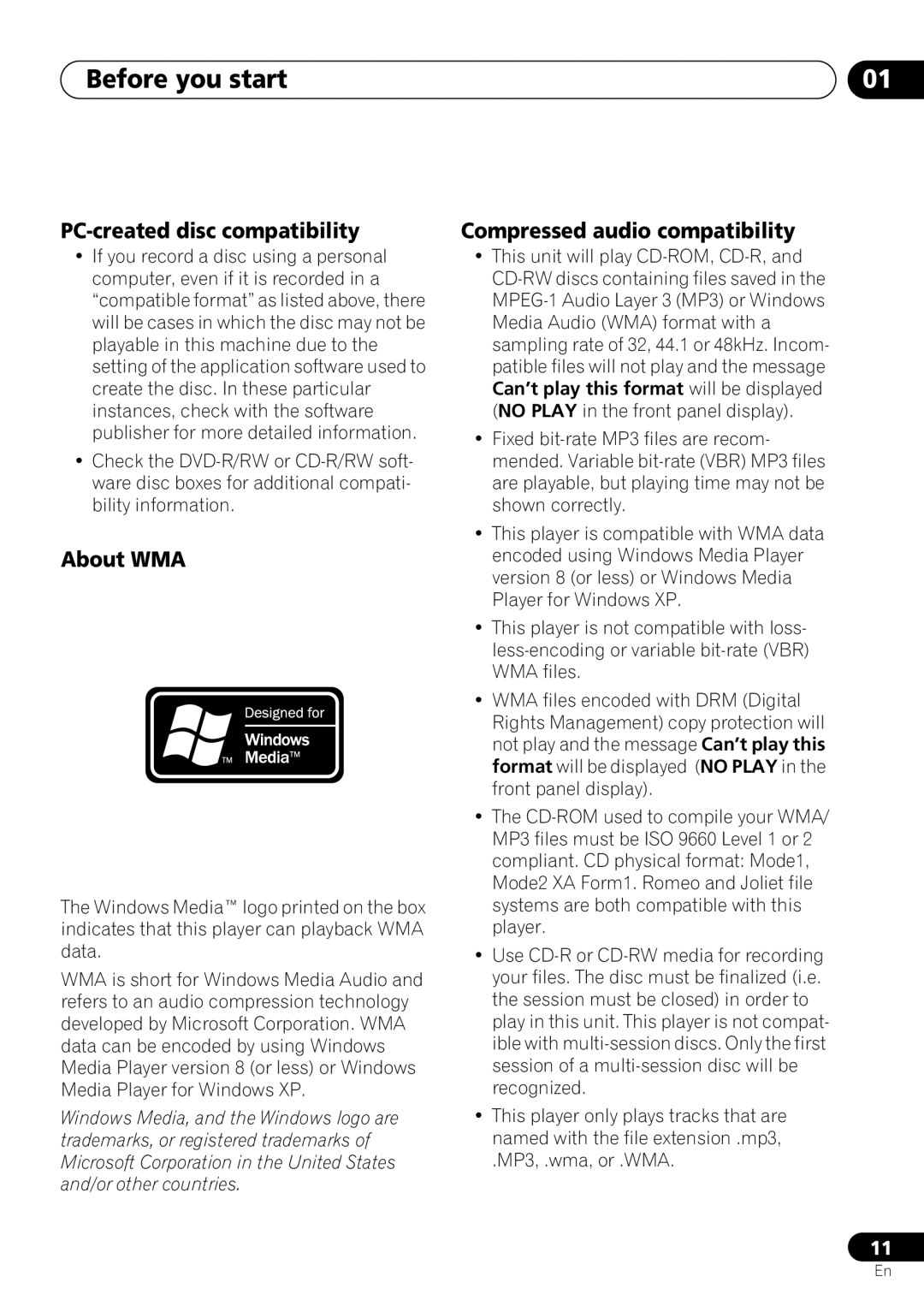 Pioneer DV-263, DV-260, DV-463 PC-created disc compatibility, About WMA, Compressed audio compatibility 