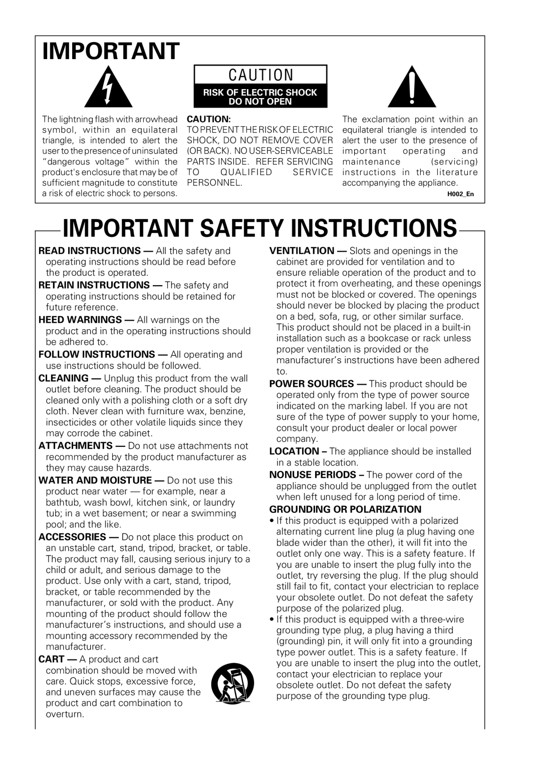 Pioneer DV-263, DV-260, DV-463 operating instructions Important Safety Instructions 