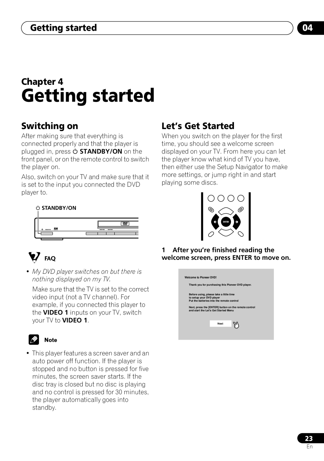 Pioneer DV-263, DV-260, DV-463 operating instructions Getting started Chapter, Switching on, Let’s Get Started 