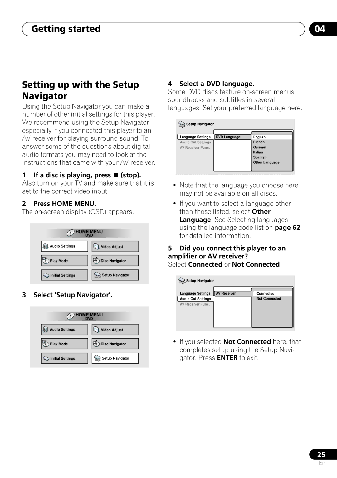 Pioneer DV-463 Getting started Setting up with the Setup Navigator, On-screen display OSD appears, Select a DVD language 