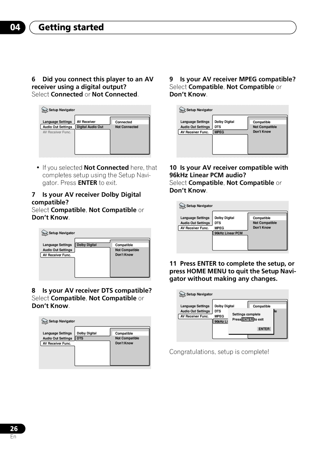 Pioneer DV-263, DV-260, DV-463 operating instructions Congratulations, setup is complete 