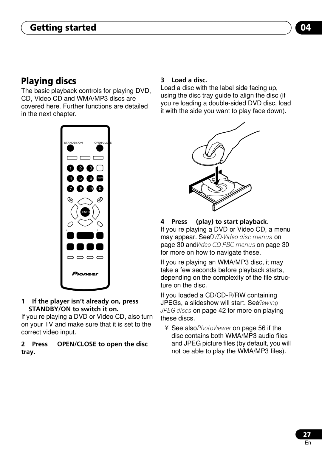 Pioneer DV-260, DV-463, DV-263 operating instructions Getting started Playing discs, Load a disc 