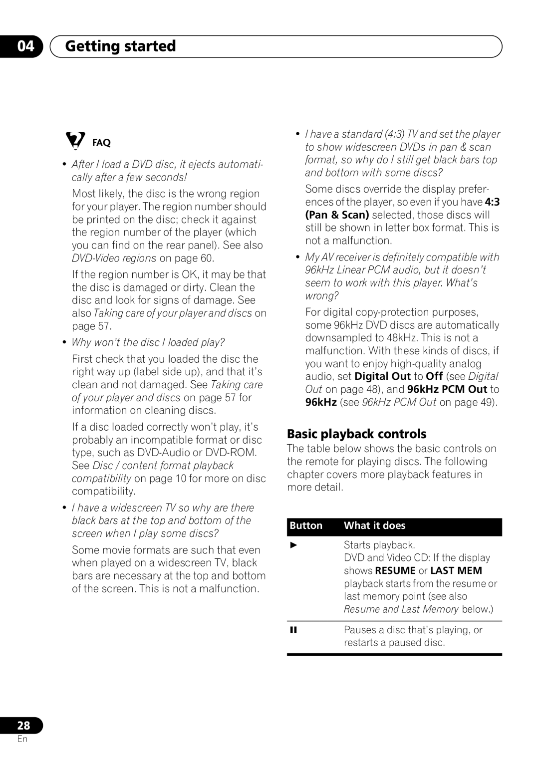 Pioneer DV-463, DV-260, DV-263 operating instructions Basic playback controls, Shows Resume or Last MEM 