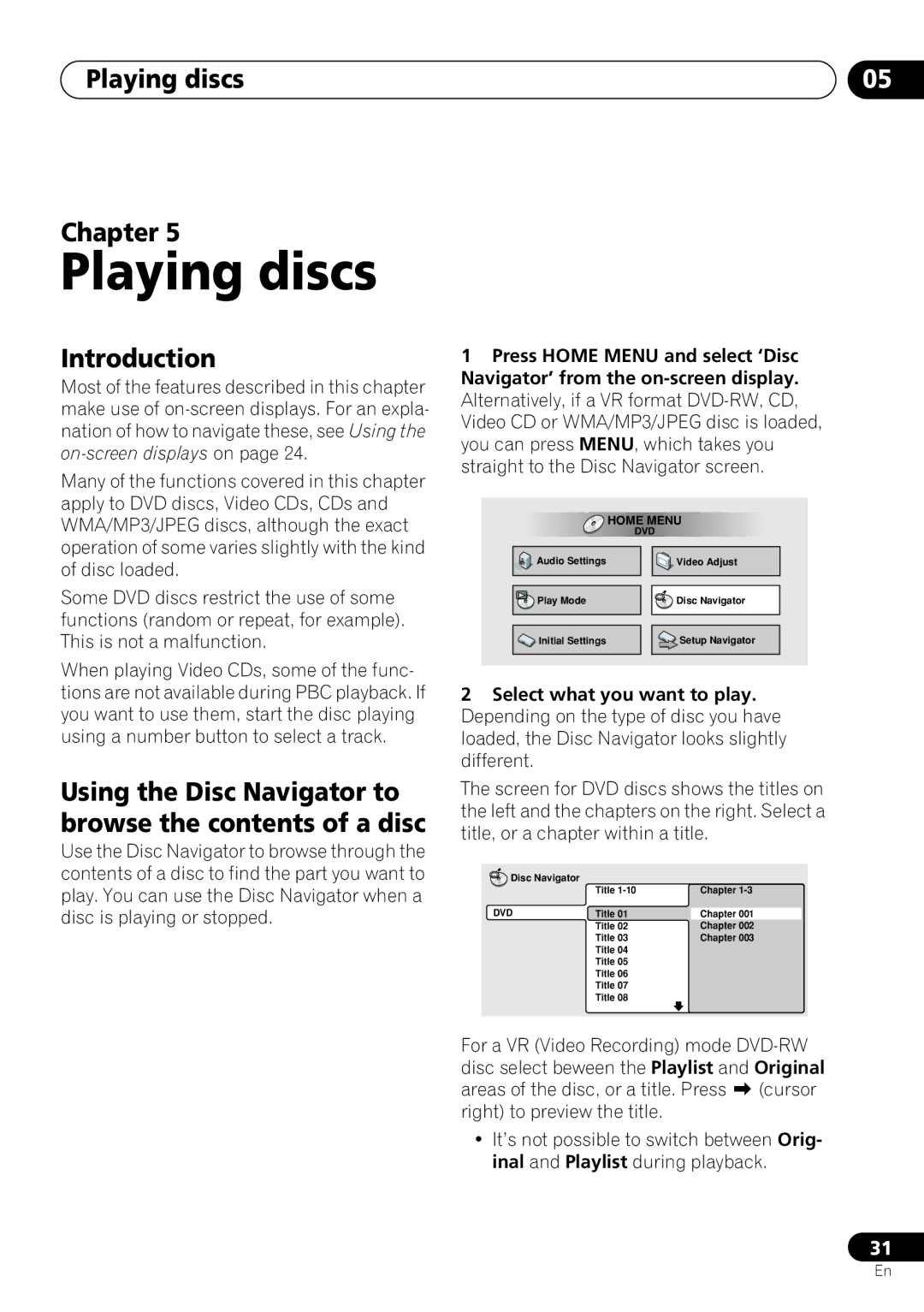 Pioneer DV-463, DV-260, DV-263 operating instructions Playing discs Chapter, Introduction 