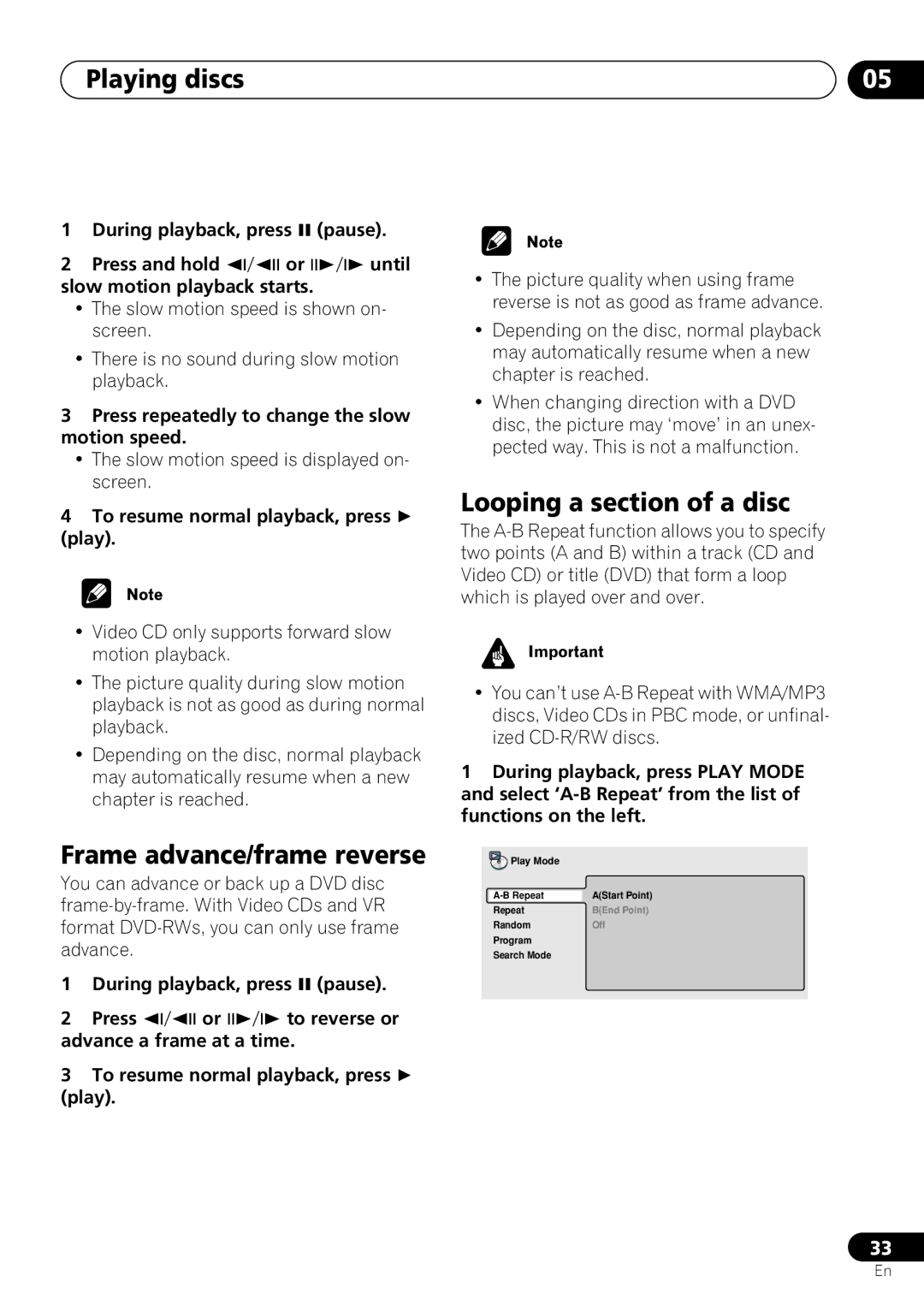 Pioneer DV-260, DV-463, DV-263 operating instructions Frame advance/frame reverse, Looping a section of a disc 