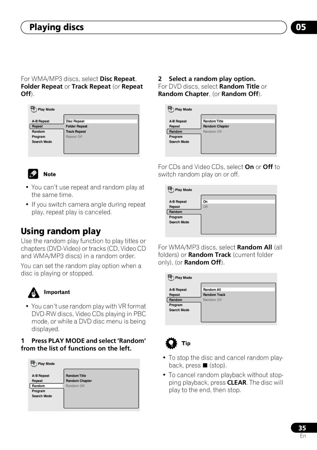 Pioneer DV-263, DV-260, DV-463 operating instructions Using random play, Select a random play option 