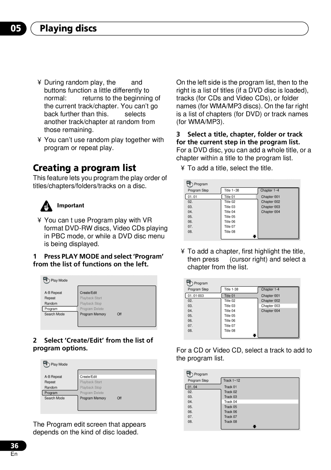 Pioneer DV-260, DV-463, DV-263 Creating a program list, Select ‘Create/Edit’ from the list of program options 