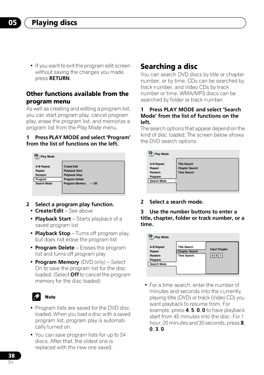 Pioneer DV-263, DV-260, DV-463 operating instructions Searching a disc, Other functions available from the program menu 