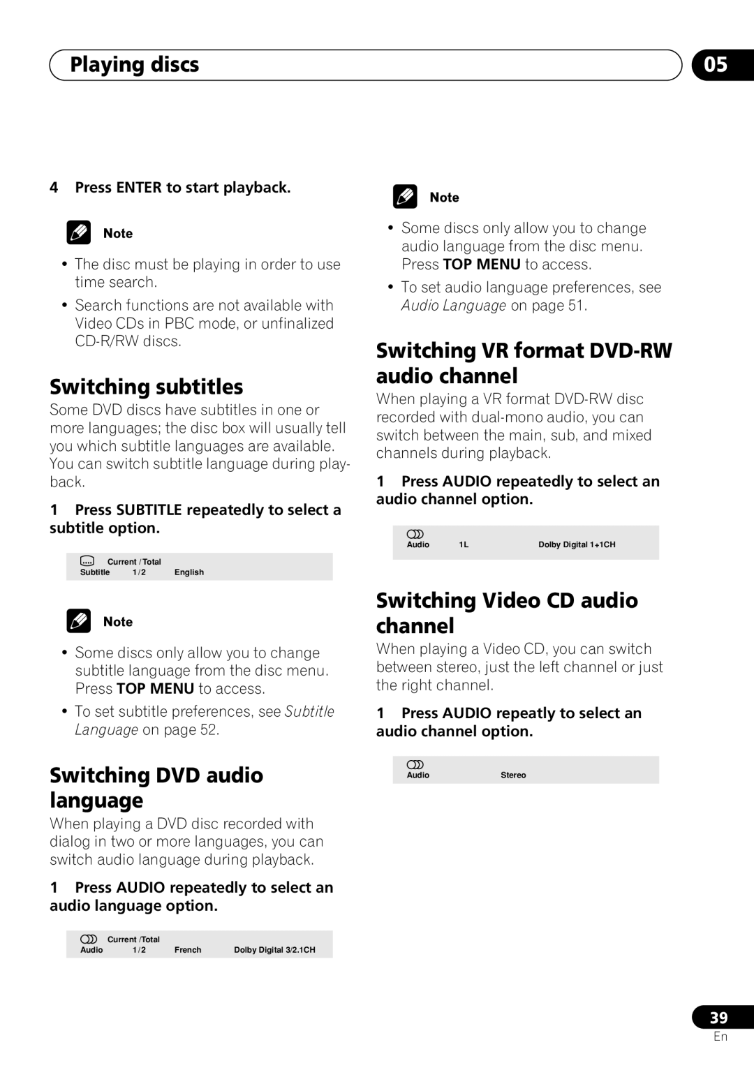 Pioneer DV-260, DV-463, DV-263 Switching subtitles, Switching DVD audio language, Switching VR format DVD-RW audio channel 