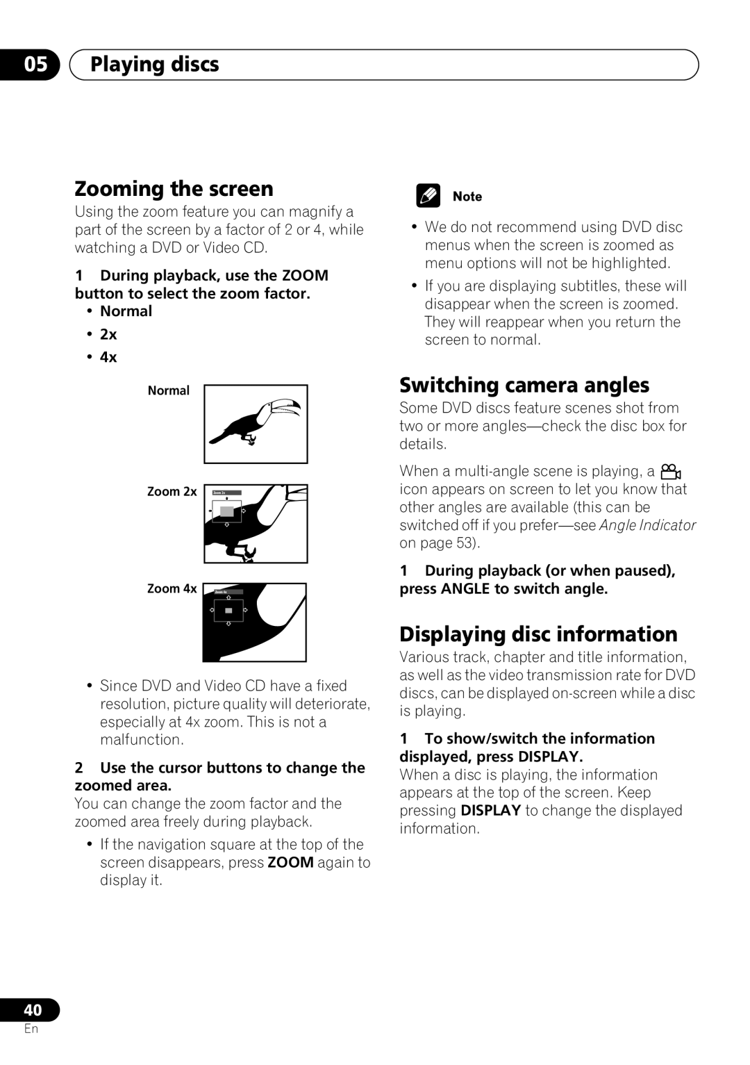 Pioneer DV-463, DV-260, DV-263 Playing discs Zooming the screen, Switching camera angles, Displaying disc information 