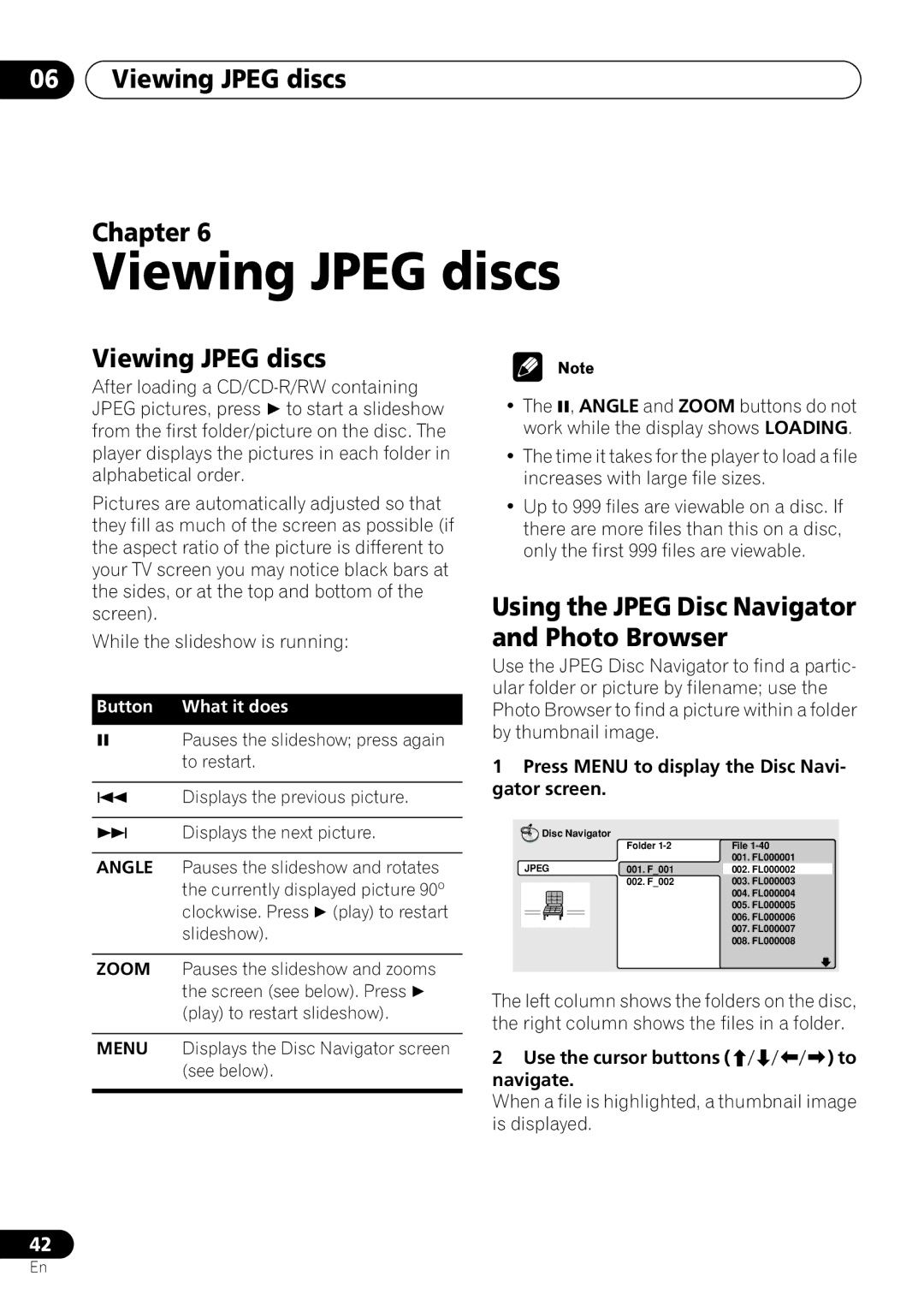 Pioneer DV-260, DV-463, DV-263 Viewing Jpeg discs Chapter, Press Menu to display the Disc Navi- gator screen 