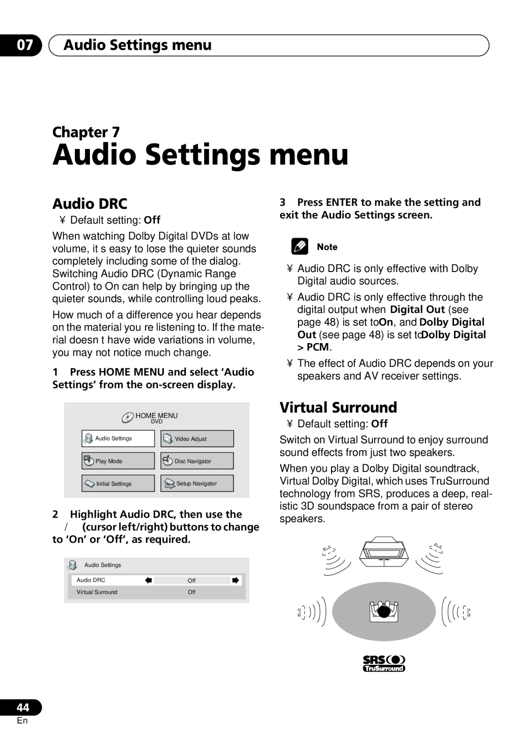 Pioneer DV-263, DV-260, DV-463 Audio Settings menu Chapter, Audio DRC, Virtual Surround, To ‘On’ or ‘Off’, as required 