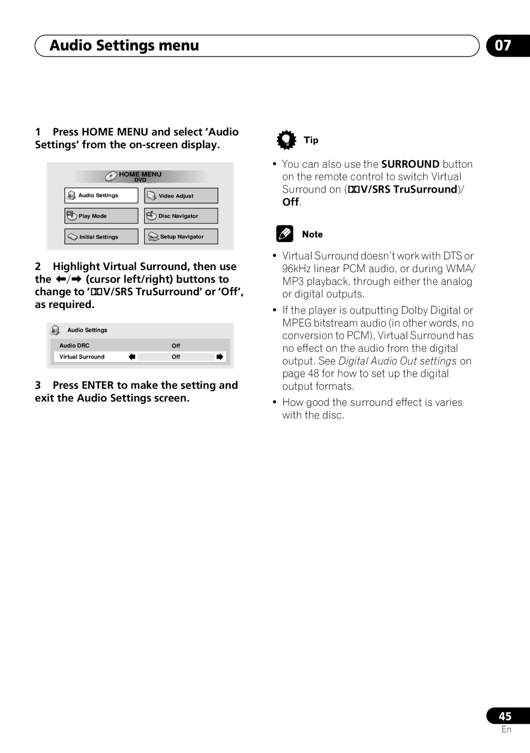 Pioneer DV-260, DV-463, DV-263 operating instructions Audio Settings menu 