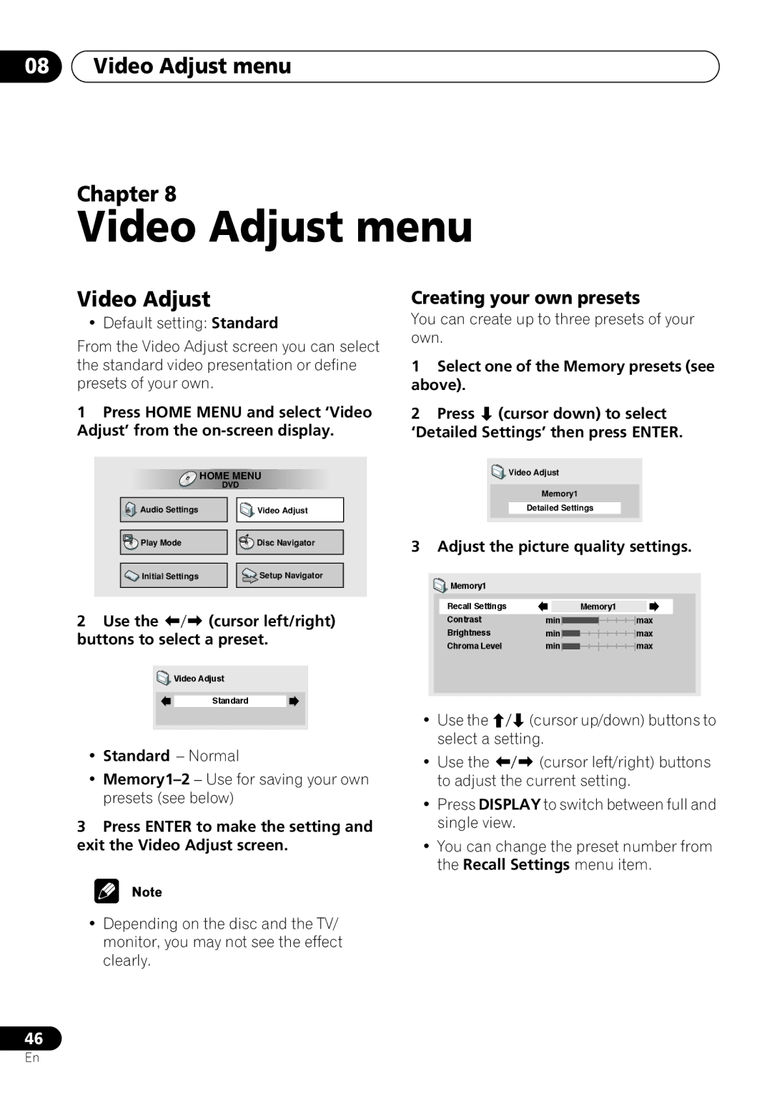 Pioneer DV-463, DV-260, DV-263 operating instructions Video Adjust menu Chapter, Creating your own presets 