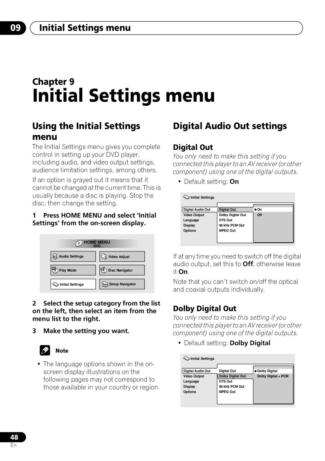 Pioneer DV-260, DV-463 Initial Settings menu Chapter, Using the Initial Settings menu, Digital Audio Out settings 