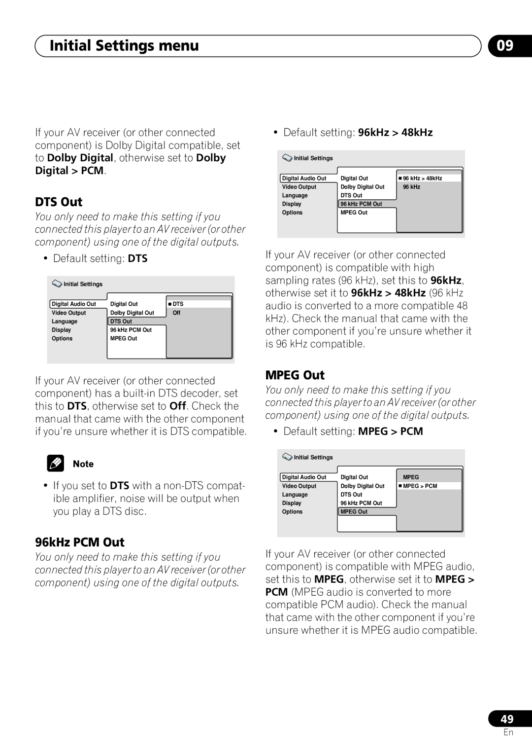 Pioneer DV-463, DV-260, DV-263 operating instructions Initial Settings menu, DTS Out, 96kHz PCM Out, Mpeg Out 