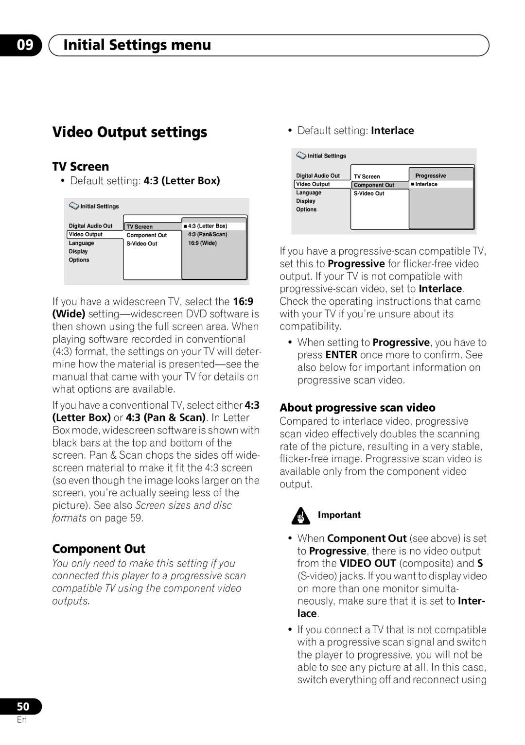 Pioneer DV-263, DV-260 Initial Settings menu Video Output settings, TV Screen, Component Out, About progressive scan video 