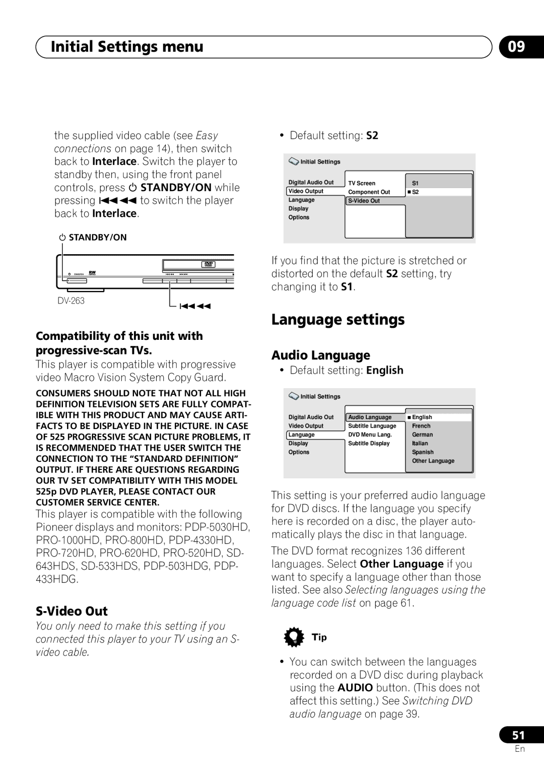 Pioneer DV-260, DV-463 Language settings, Video Out, Audio Language, Compatibility of this unit with progressive-scan TVs 