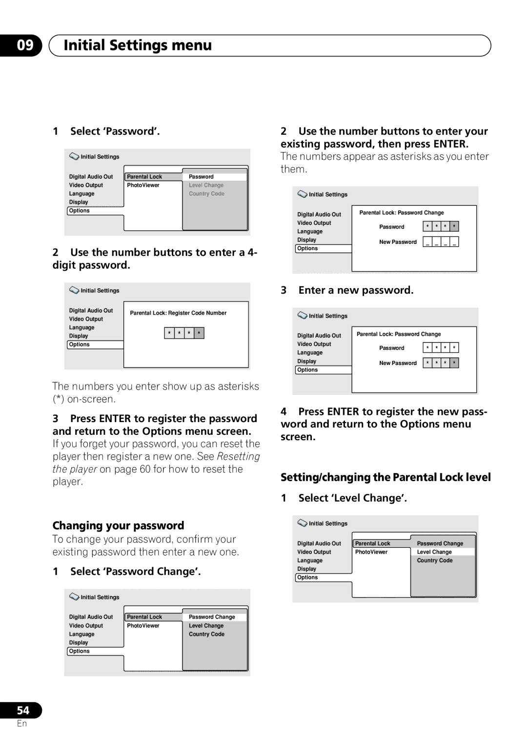 Pioneer DV-260, DV-463, DV-263 operating instructions Changing your password, Setting/changing the Parental Lock level 