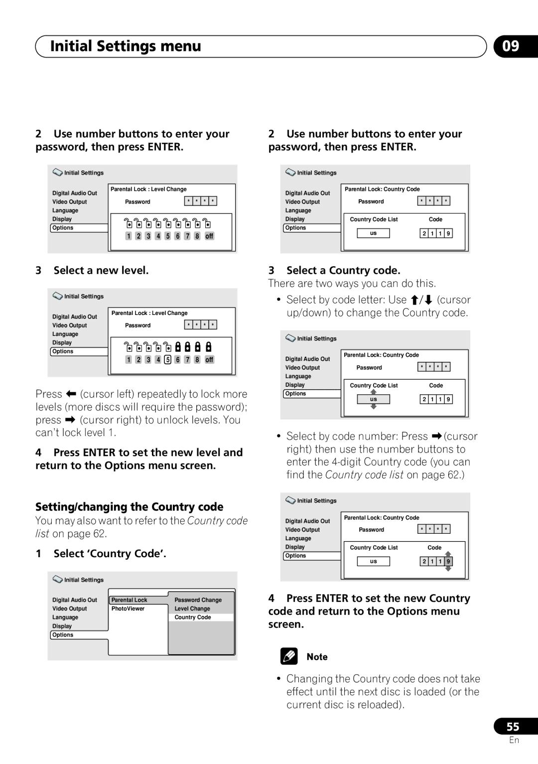 Pioneer DV-463, DV-260 Setting/changing the Country code, Use number buttons to enter your password, then press Enter 