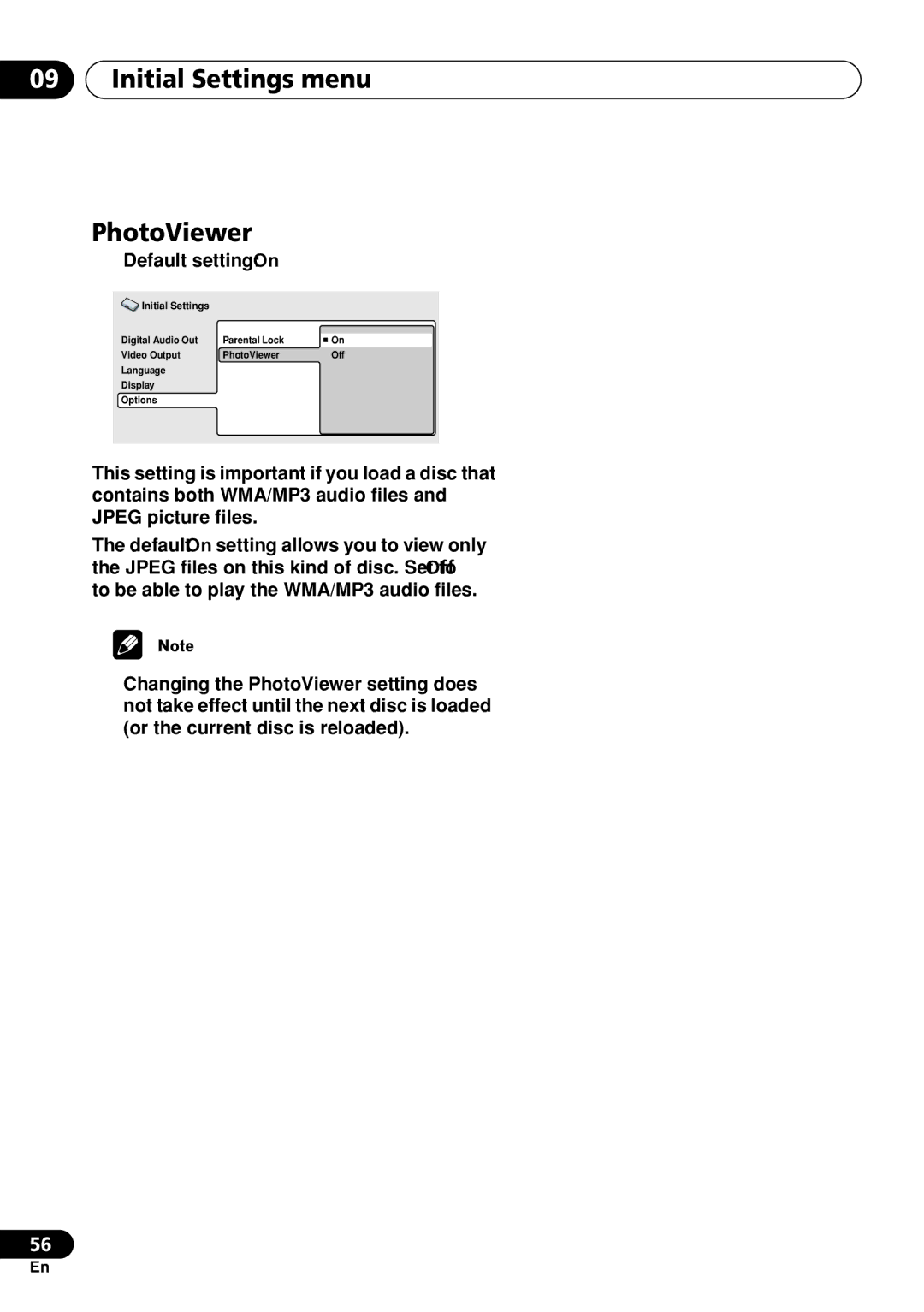 Pioneer DV-263, DV-260, DV-463 operating instructions Initial Settings menu PhotoViewer, Default setting On 