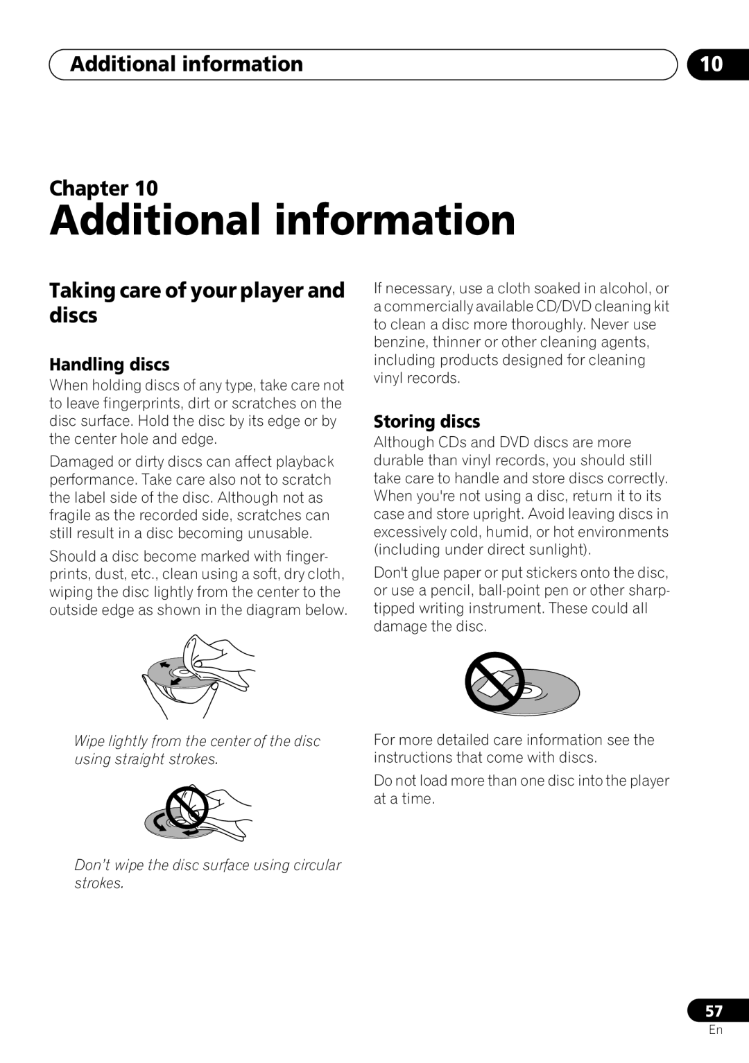 Pioneer DV-260 Additional information Chapter, Taking care of your player and discs, Handling discs, Storing discs 