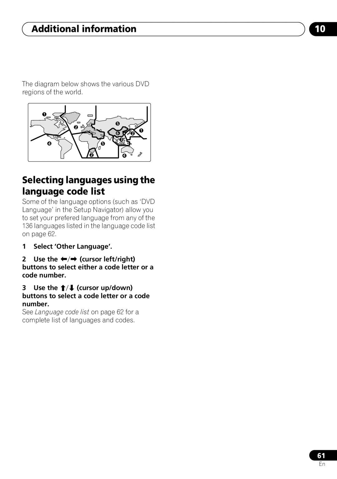 Pioneer DV-463 Selecting languages using the language code list, Diagram below shows the various DVD regions of the world 