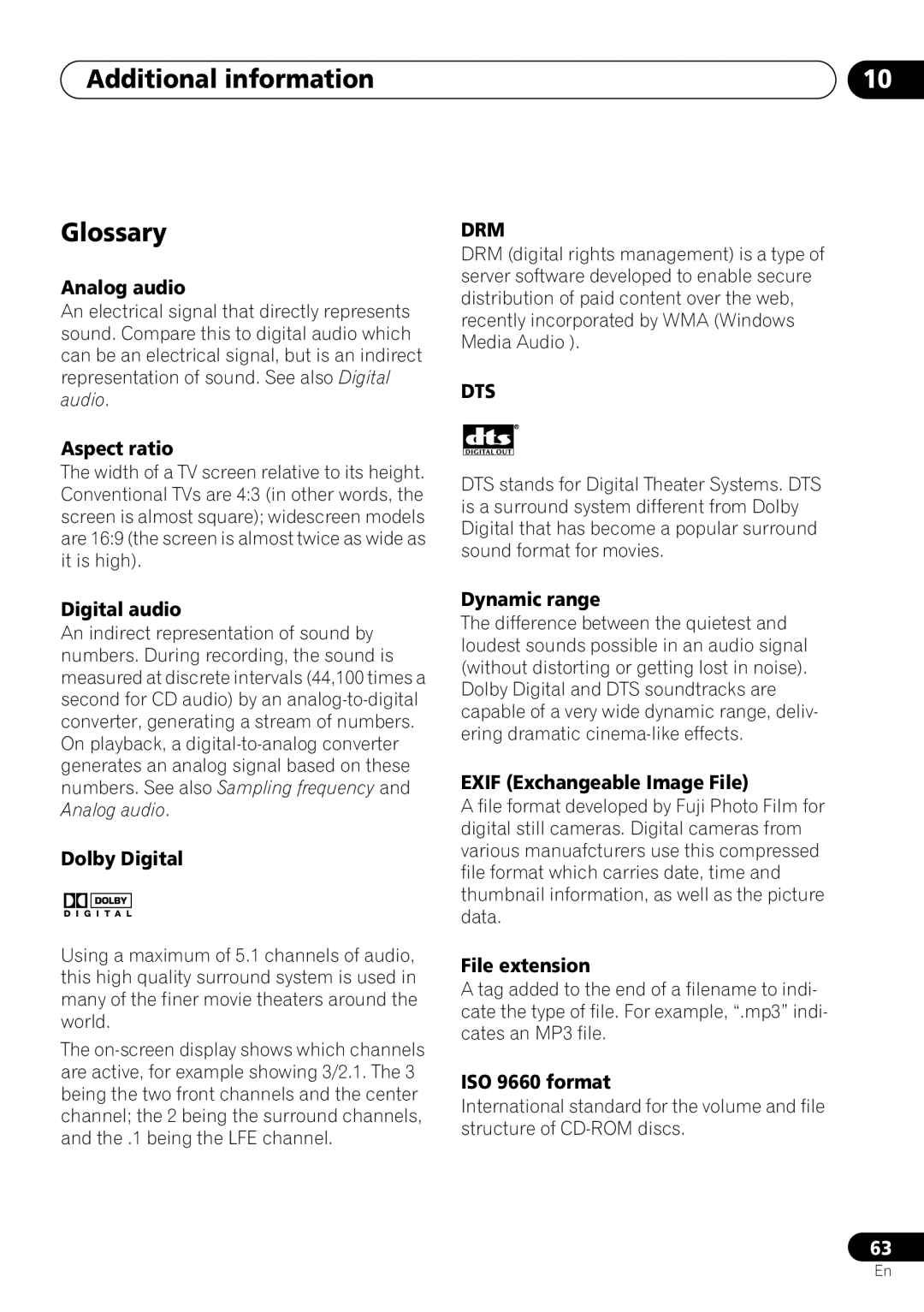 Pioneer DV-260, DV-463, DV-263 operating instructions Additional information Glossary 