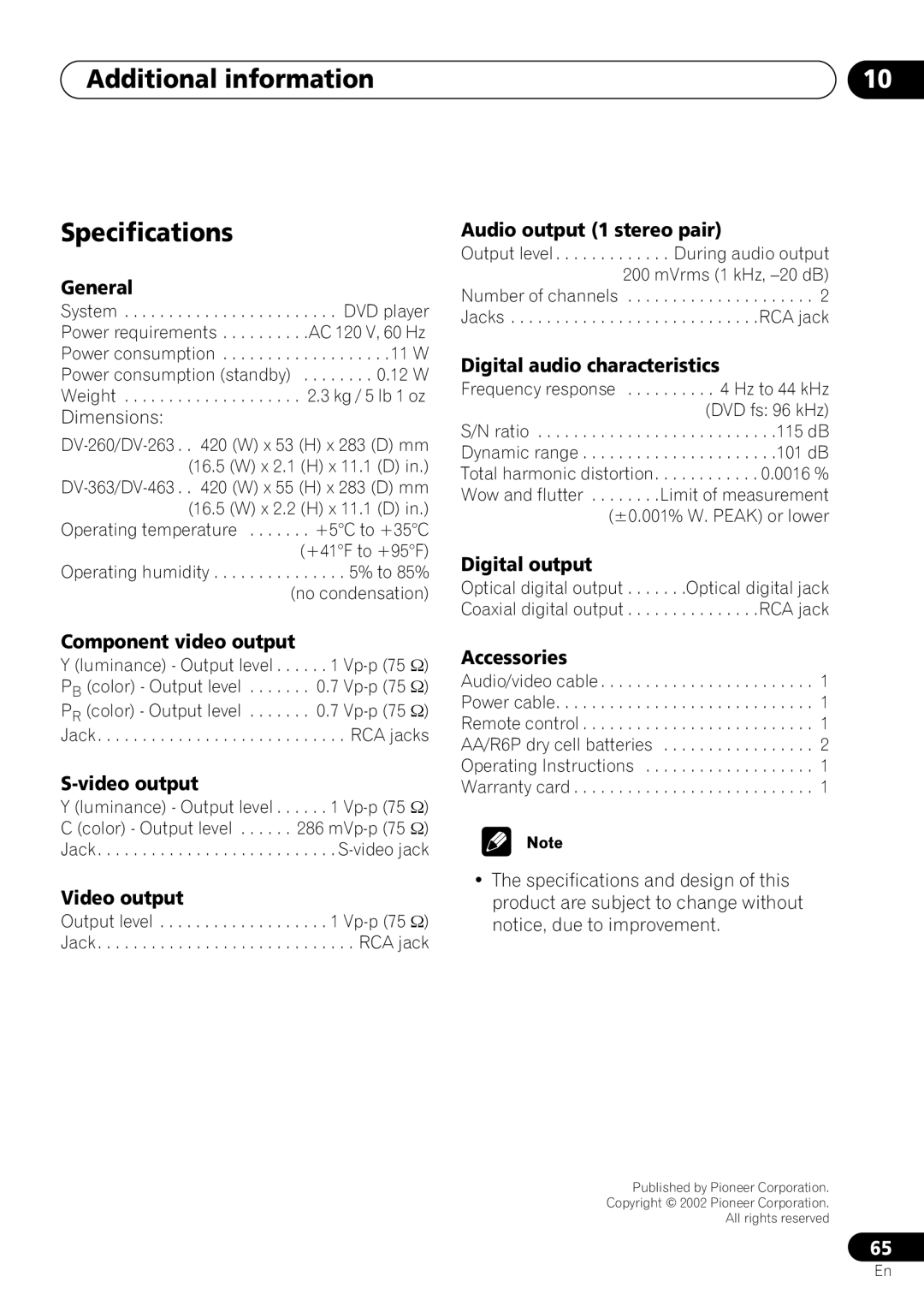 Pioneer DV-263, DV-260, DV-463 operating instructions Additional information Specifications 