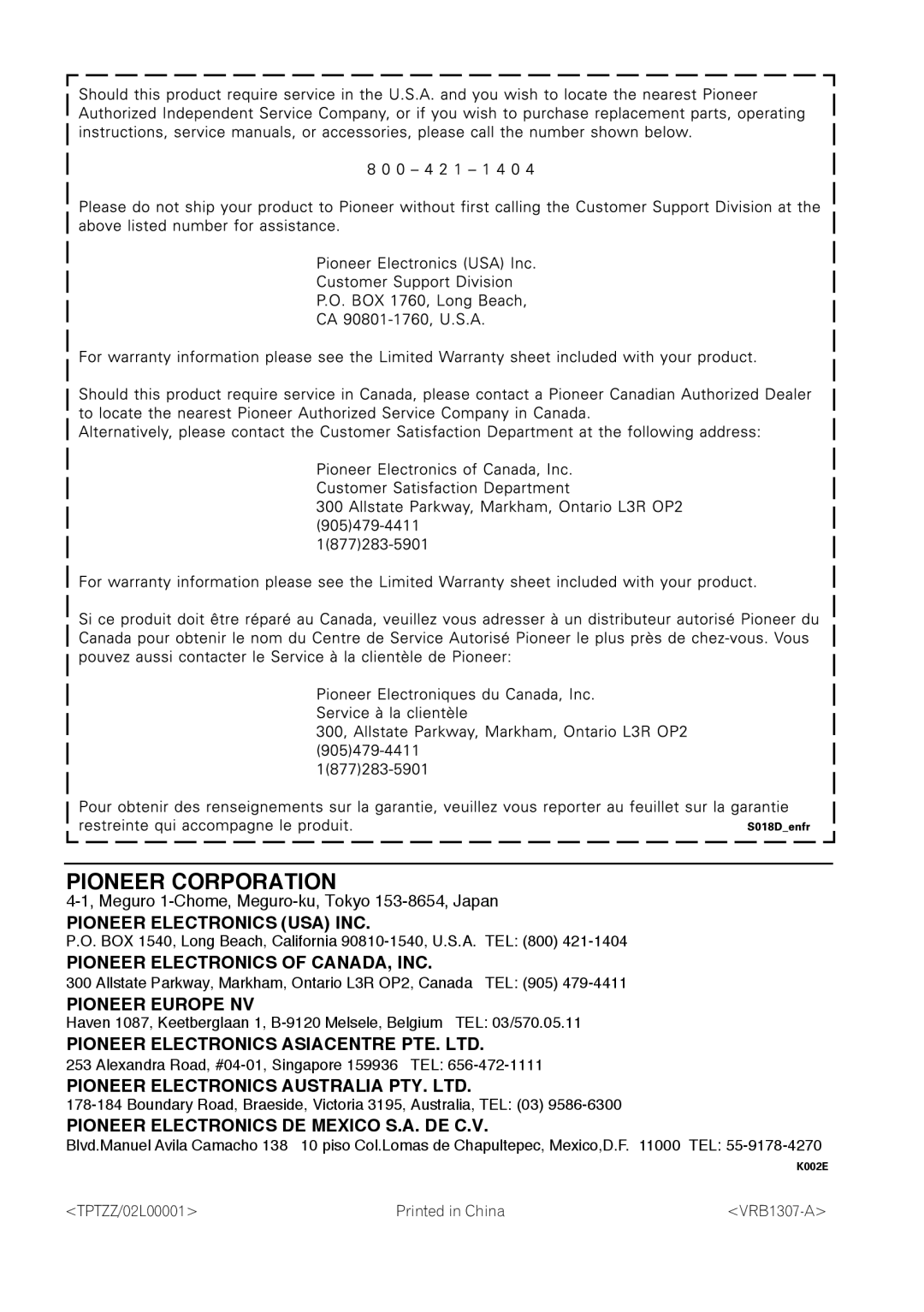 Pioneer DV-263, DV-260, DV-463 operating instructions Pioneer Corporation 