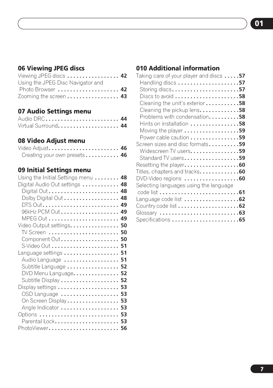 Pioneer DV-463 Viewing Jpeg discs, Audio Settings menu, Video Adjust menu, Initial Settings menu, Additional information 