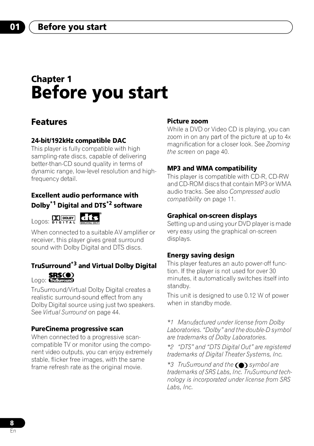 Pioneer DV-263, DV-260, DV-463 operating instructions Before you start Chapter, Features 