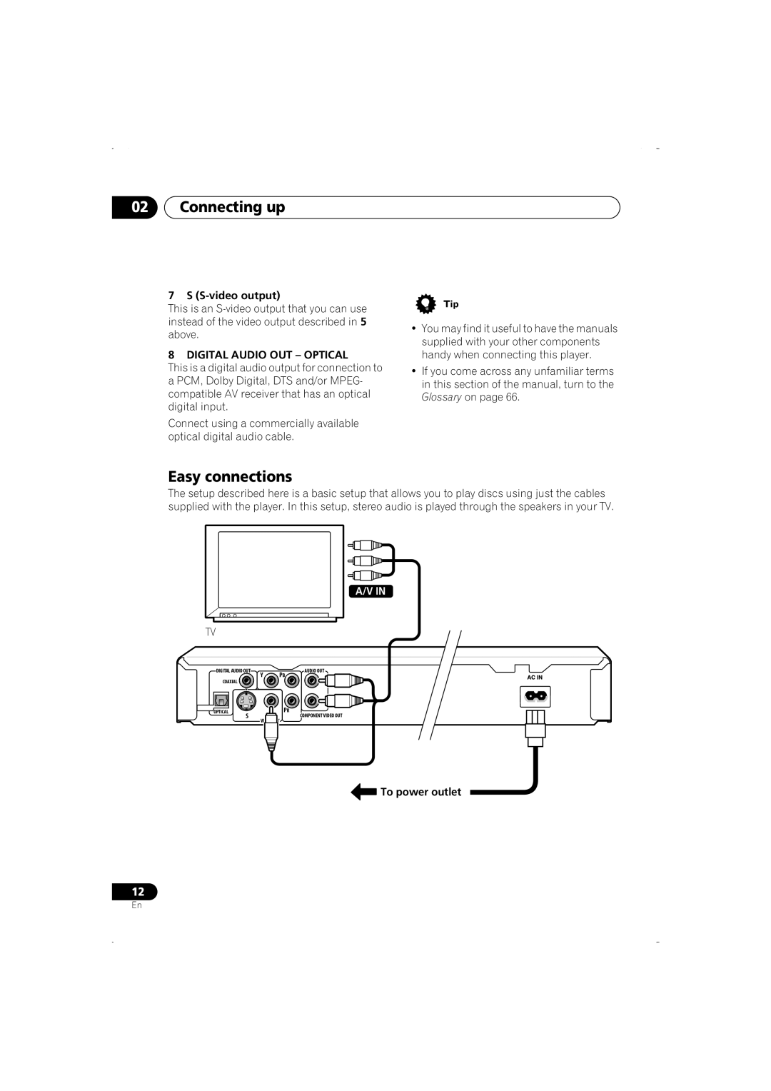 Pioneer DV-466-S, DV-266-S Connecting up, Easy connections, S-video output, Digital Audio OUT Optical, To power outlet 