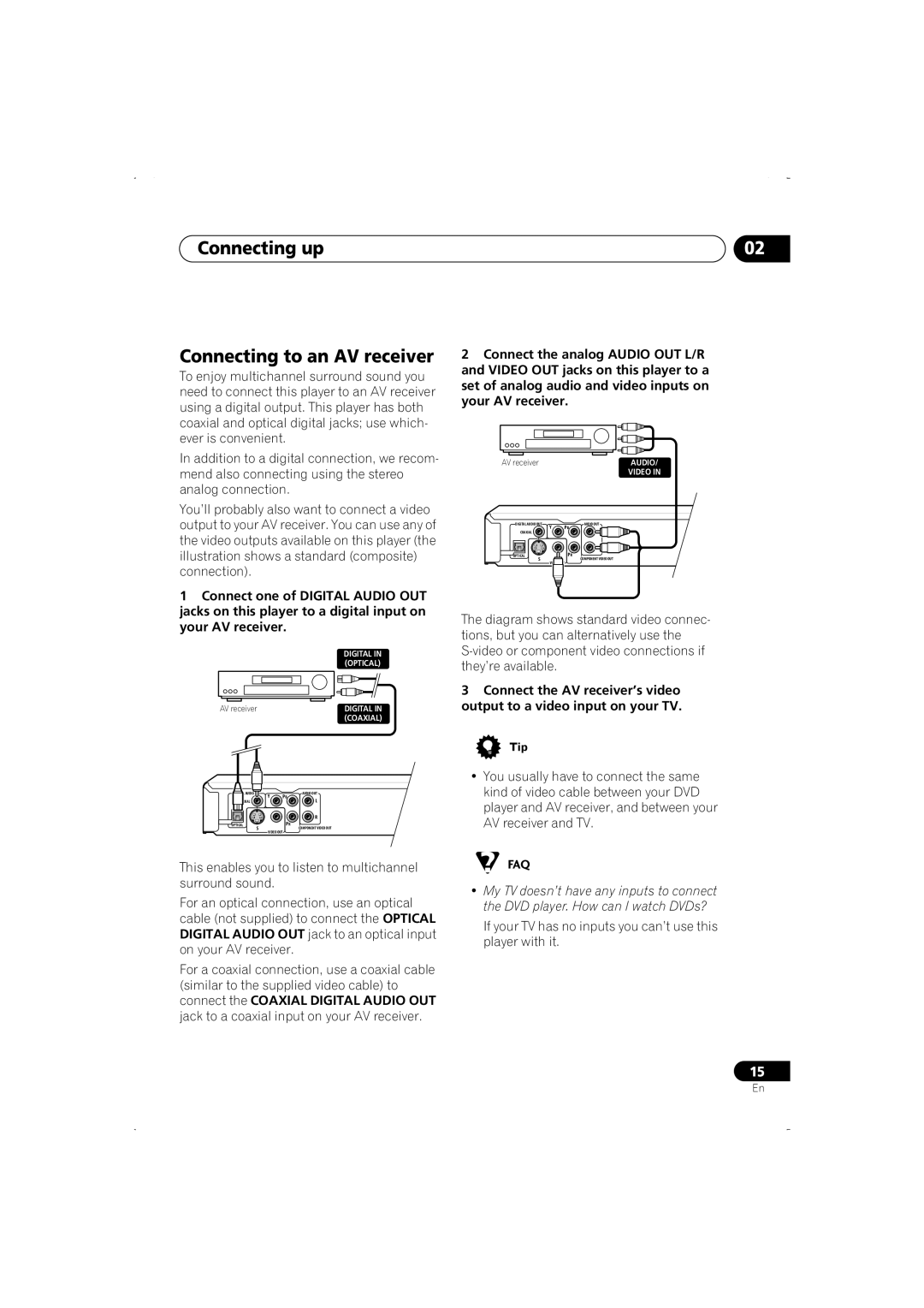 Pioneer DV-266-S Connecting up Connecting to an AV receiver, If your TV has no inputs you can’t use this player with it 