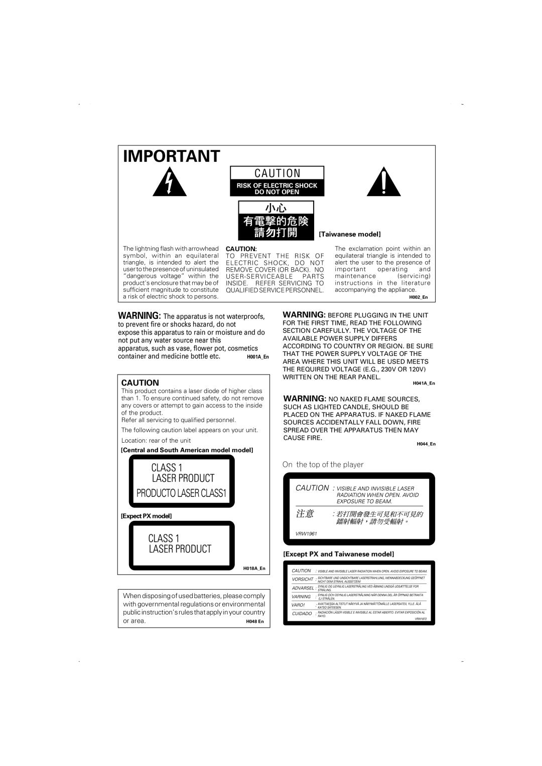 Pioneer DV-466-S, DV-266-S, DV-466-K, DV-366-S, DV-366-K operating instructions U T I O N, On the top of the player 