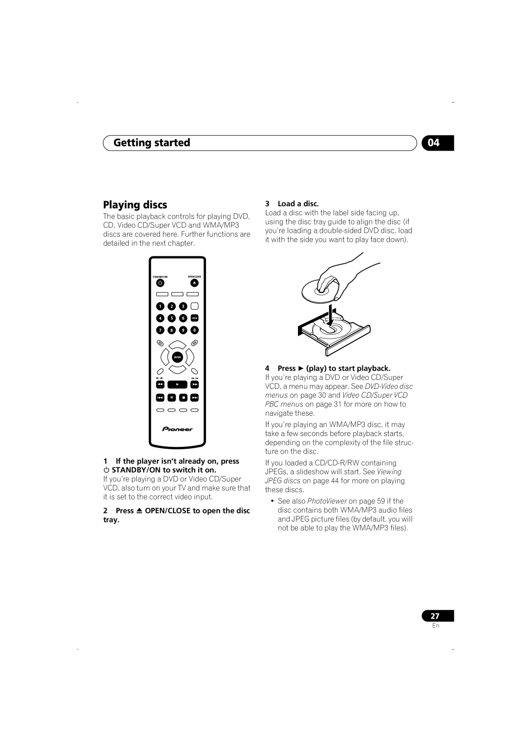 Pioneer DV-466-S, DV-266-S, DV-466-K, DV-366-S, DV-366-K operating instructions Getting started Playing discs, Load a disc 