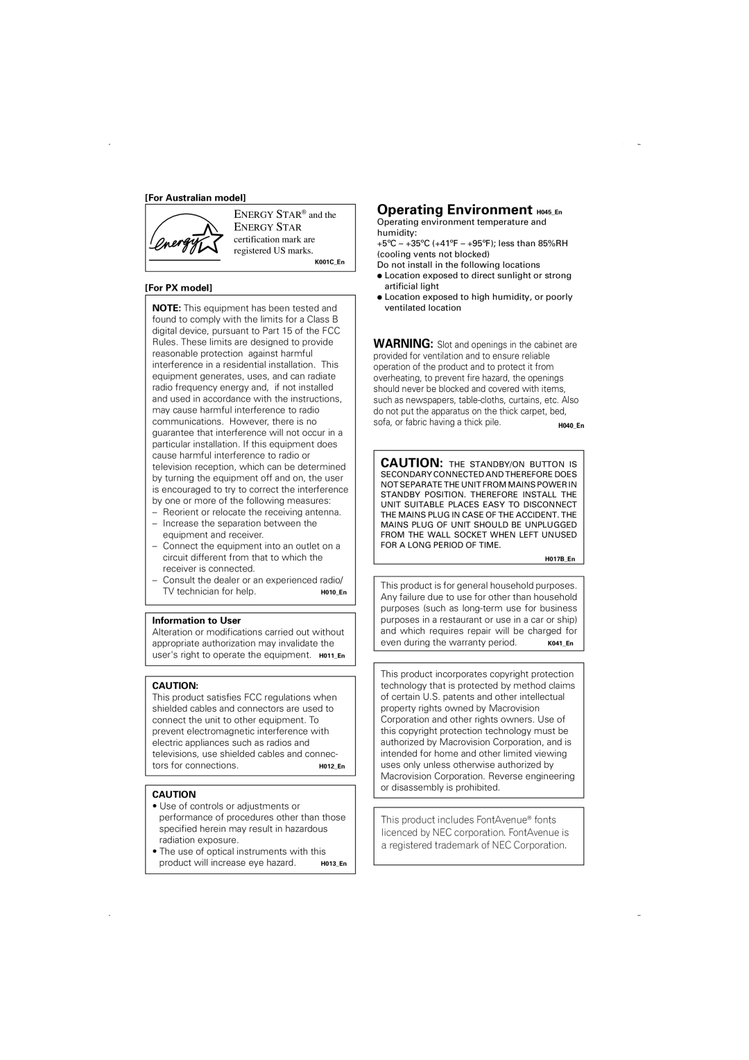 Pioneer DV-366-S, DV-266-S, DV-466-K, DV-466-S, DV-366-K operating instructions Operating Environment H045En 