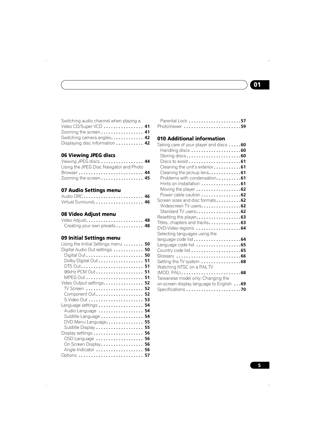 Pioneer DV-266-S Viewing Jpeg discs, Audio Settings menu, Video Adjust menu, Initial Settings menu, Additional information 