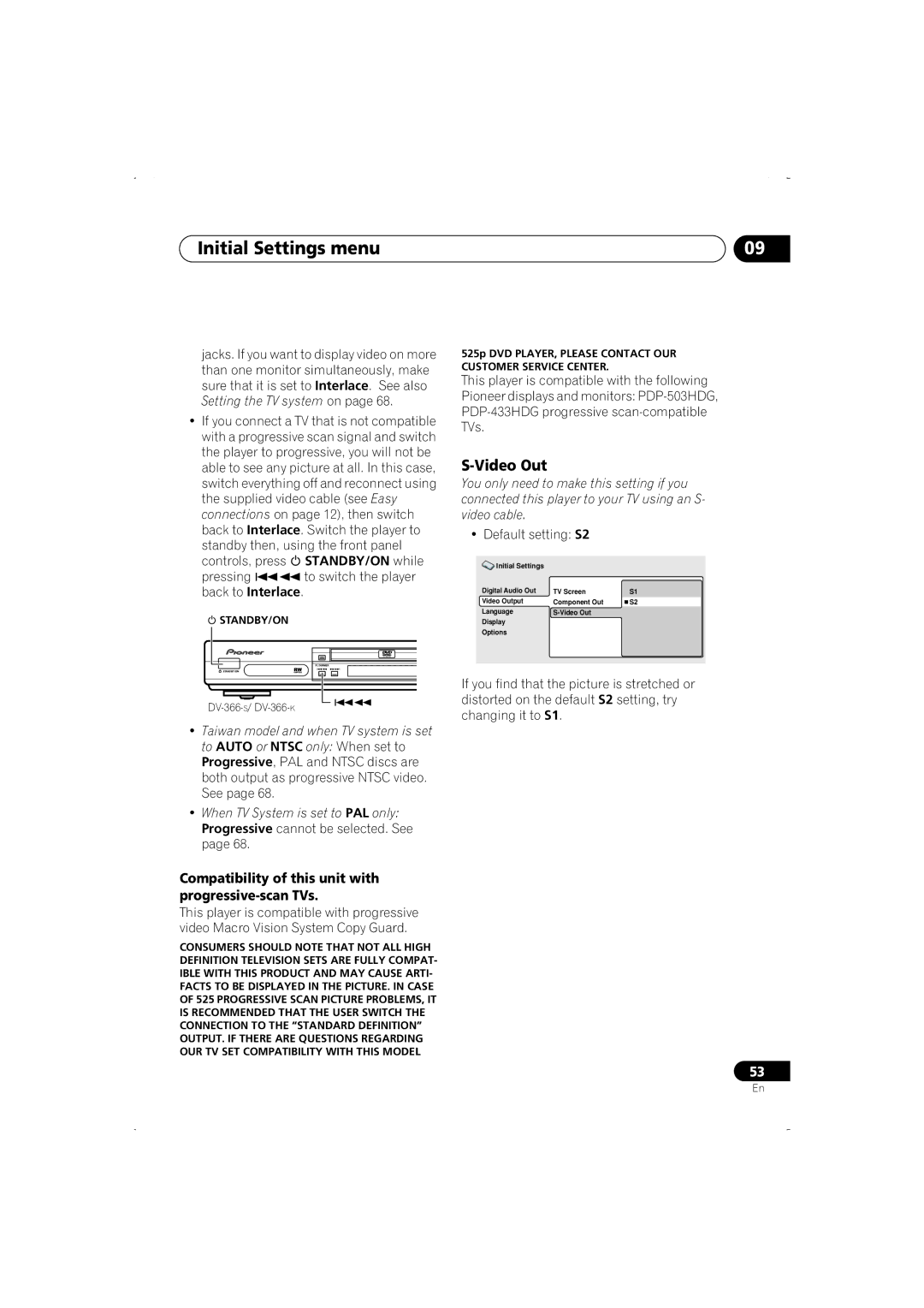 Pioneer DV-366-S, DV-266-S, DV-466-K Video Out, Compatibility of this unit with progressive-scan TVs, Default setting S2 