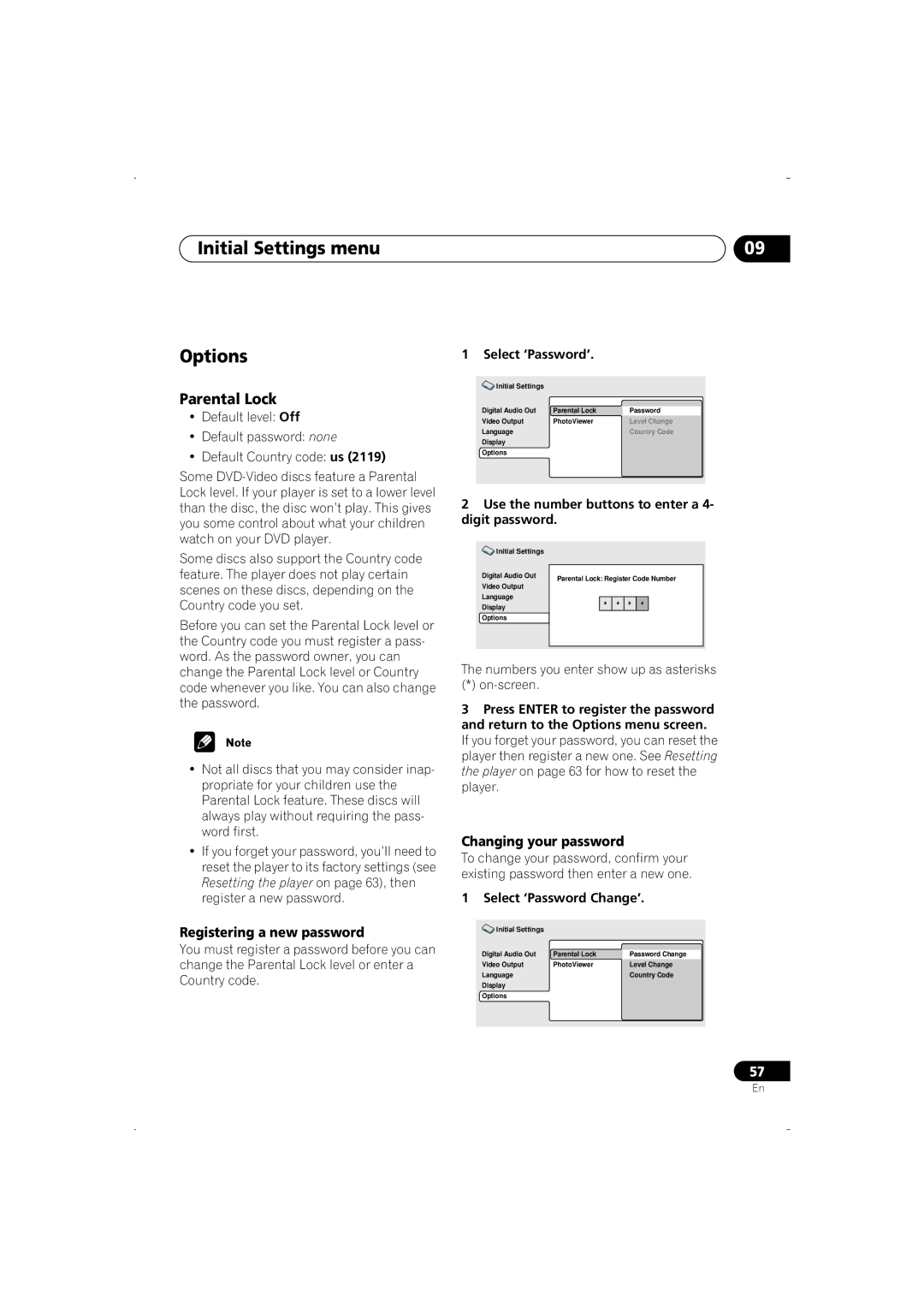 Pioneer DV-466-S Initial Settings menu Options, Parental Lock, Registering a new password, Changing your password 