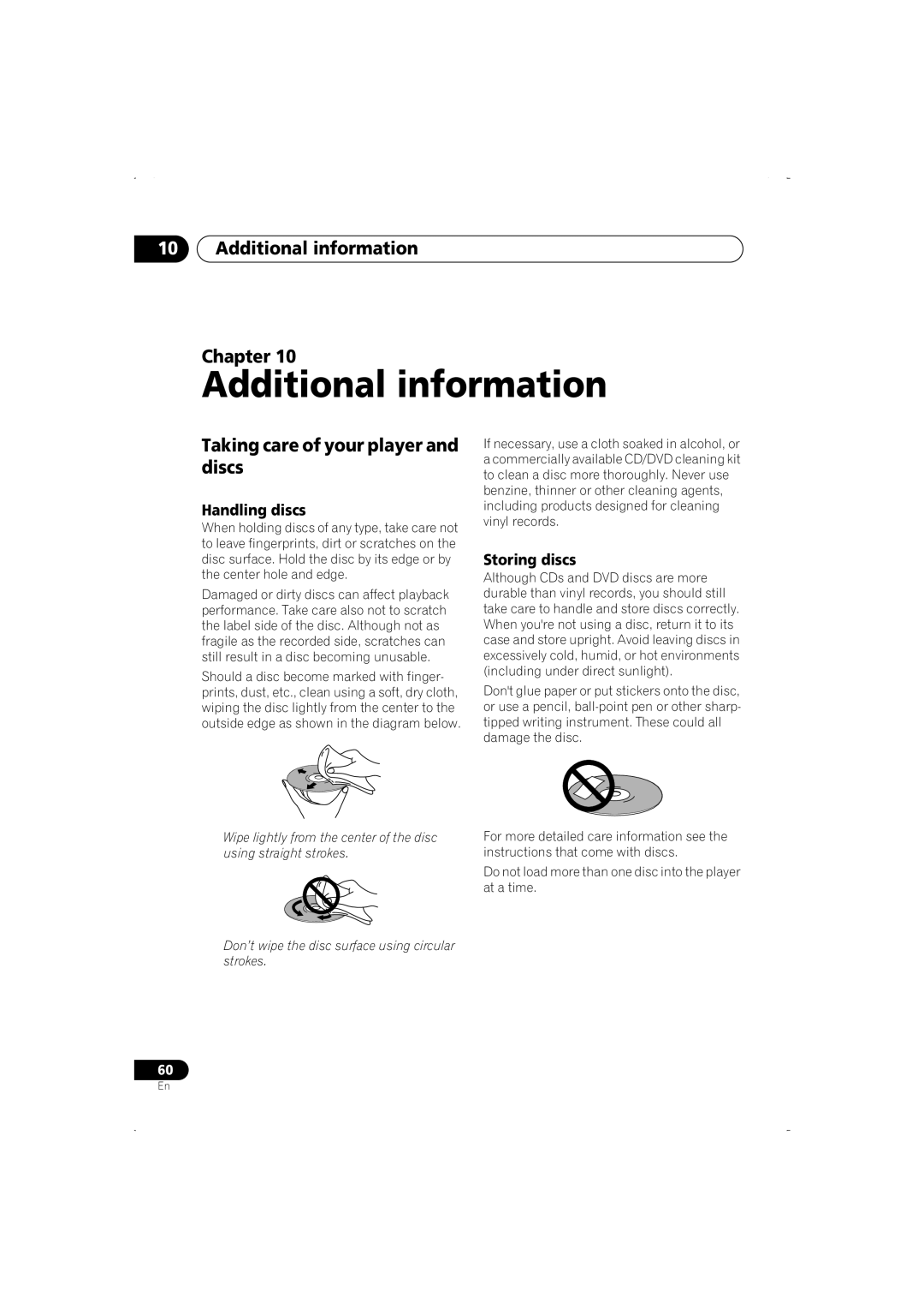 Pioneer DV-266-S Additional information Chapter, Taking care of your player and discs, Handling discs, Storing discs 