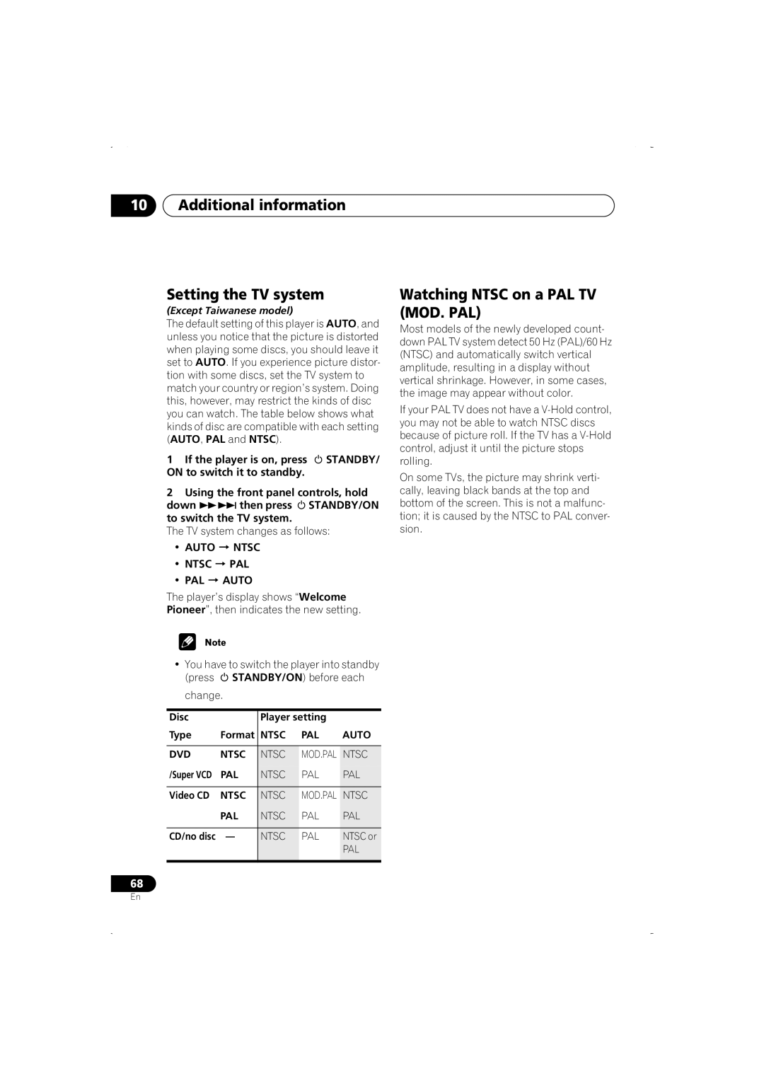 Pioneer DV-366-S, DV-266-S, DV-466-K Additional information Setting the TV system, Watching Ntsc on a PAL TV MOD. PAL 