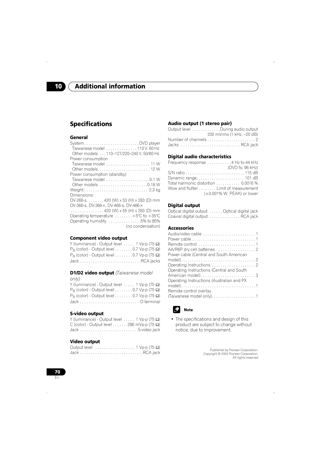 Pioneer DV-266-S, DV-466-K, DV-466-S, DV-366-S, DV-366-K operating instructions Additional information Specifications 