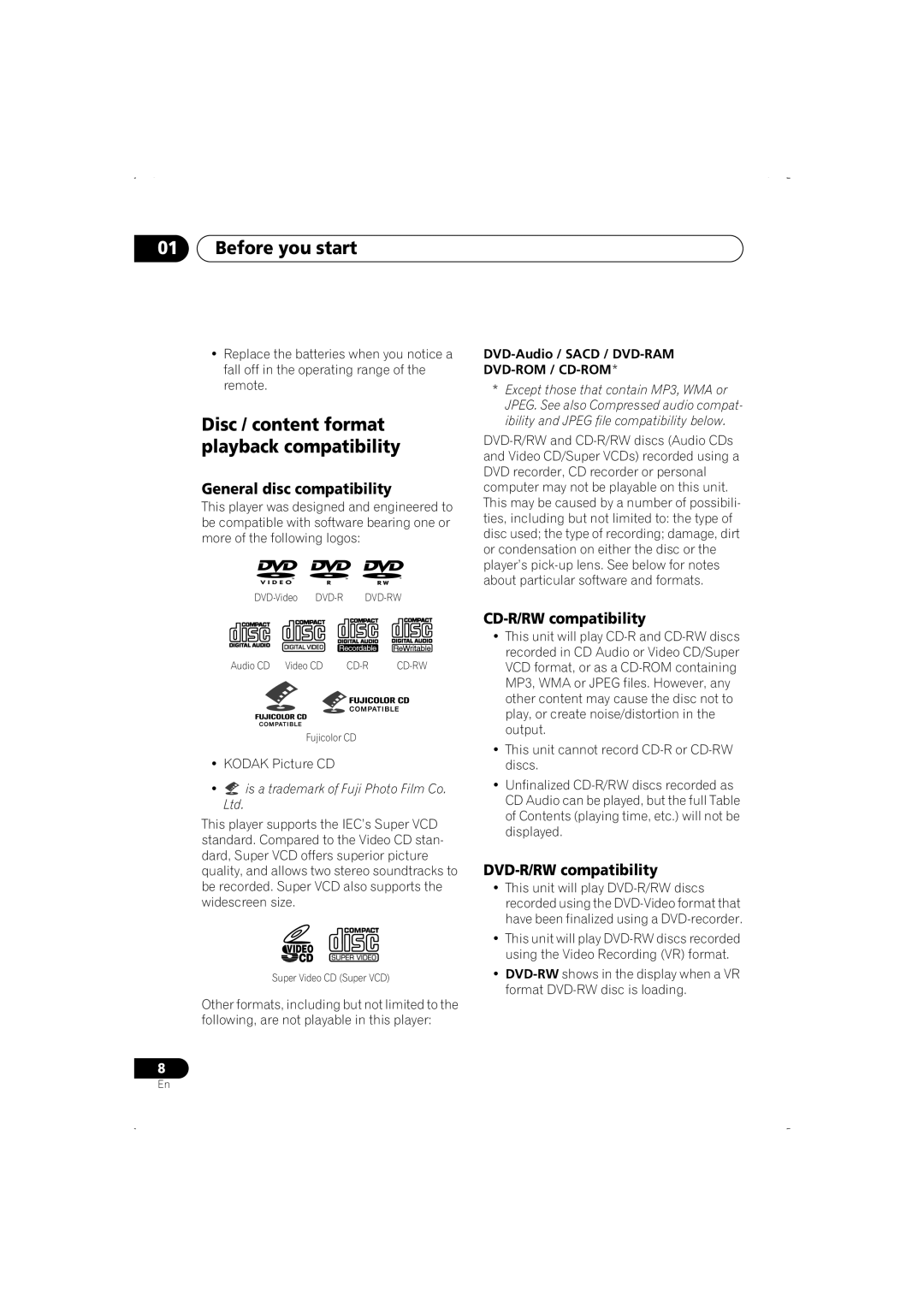 Pioneer DV-366-S, DV-266-S Before you start, Disc / content format playback compatibility, General disc compatibility 