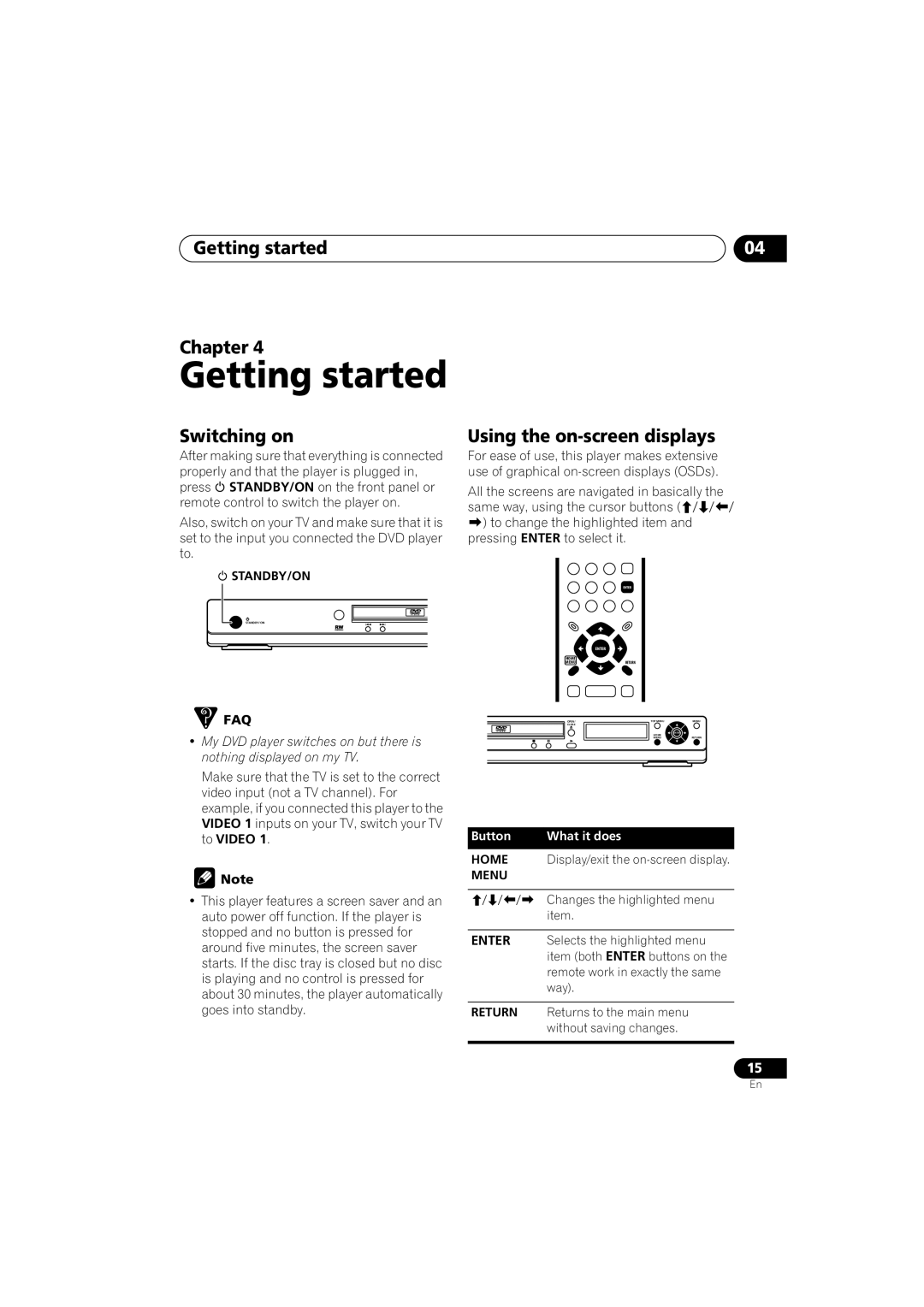 Pioneer DV-270, DV-275, DV-271 operating instructions Getting started Chapter, Switching on, Using the on-screen displays 