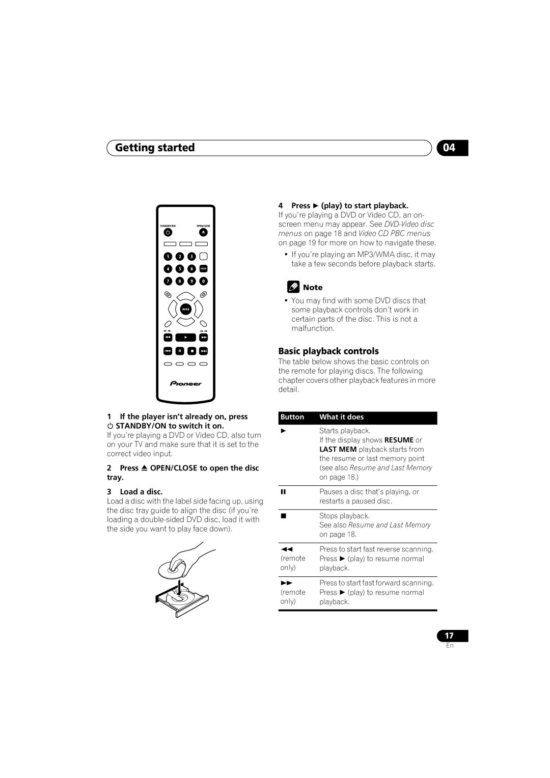 Pioneer DV-271 Basic playback controls, Press play to start playback, Press OPEN/CLOSE to open the disc tray Load a disc 